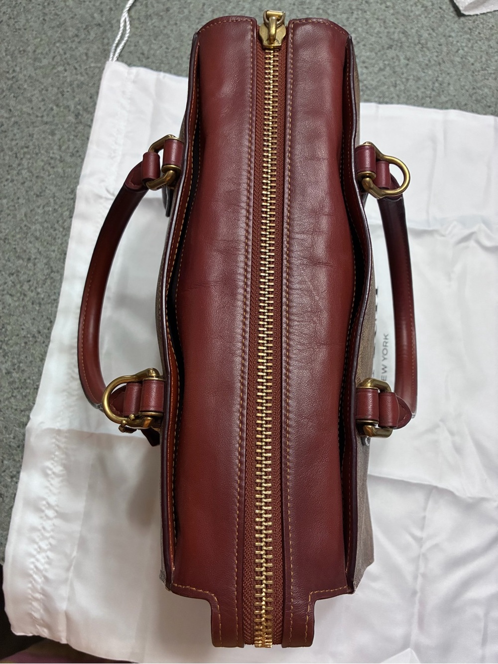 Coach Bond Satchel Signature Canvas Oxblood Rust Leather Bag Dust Bag $368 - Picture 4 of 10